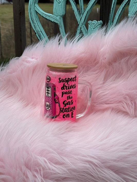 Pink Glitter Glass Snow globe Tumbler with Handle, 16 oz with UV DTF Design Decal with Suspect Saying