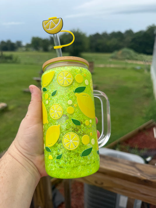 Summer Lemon Glass - Glitter Snow globe Tumbler Cup! Fun Lemon water glass with handle! Unique gift!