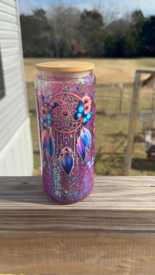 Tumbler Glass Glitter Snow Globe Cup with Handle & Boho Dream Catcher Design, Mug, Unique Gift Item!